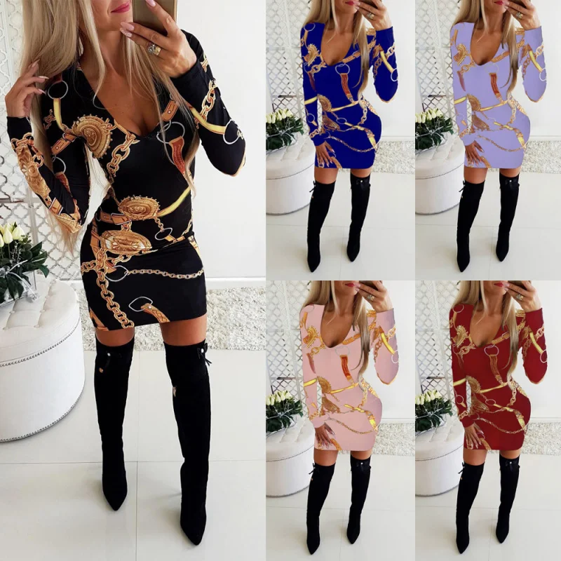 Spot Goods！European and American Spring and Summer Chain Printing Sheath Slim-Fit Long Sleeve Dress Women