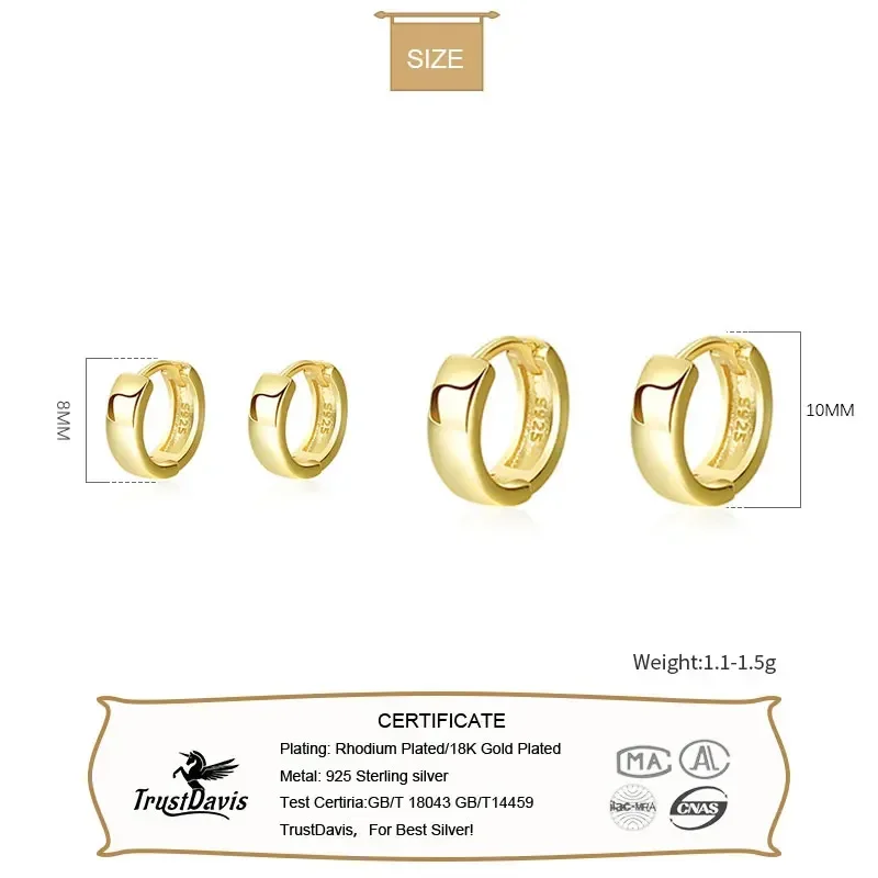 TrustDavis Real 925 Sterling Silver Fashion 18K Gold Mini Hoop Earrings for Women Party Wedding Fine Jewelry Gift LB132