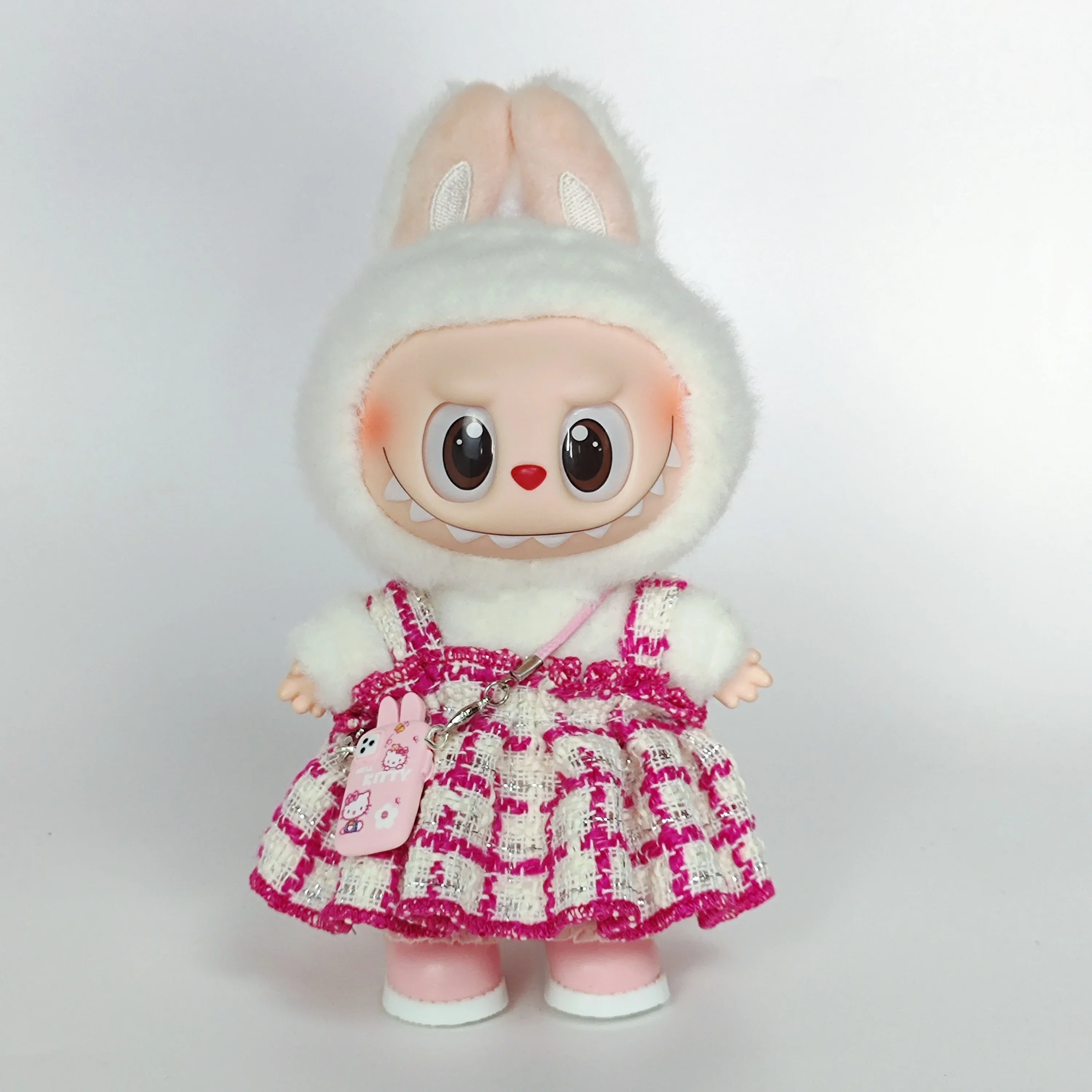 

17 см Labubu Kpop Idol наряд розовый-белый комбинезон в клетку с цветными блоками + берет милая кавайная коллекционная кукла модный подарок