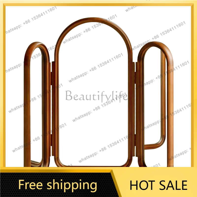 XX. French retro wooden three-sided mirror folding European wall-mounted vanity mirror desktop