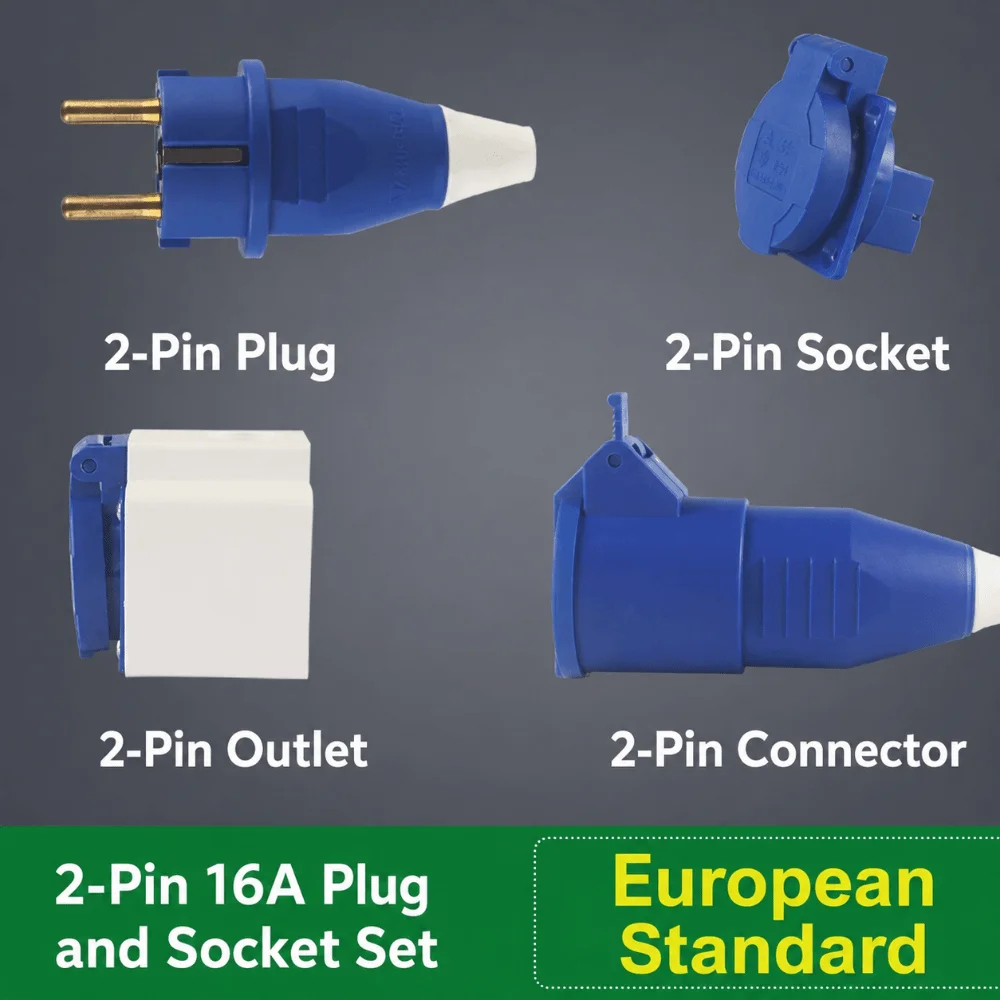 2 Pin 16A Industrial Connector Single Phase IP44 Grade AC Power Socket Weather Proof EU Spec Shell Waterproof Fitting