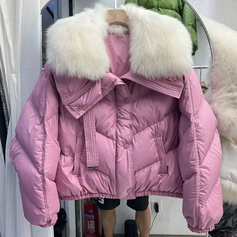 2024 New Winter Women 90% White Duck Down Jacket with Big Real Fox Fur Collar Female Short Warm Puffer Coat Loose Parka