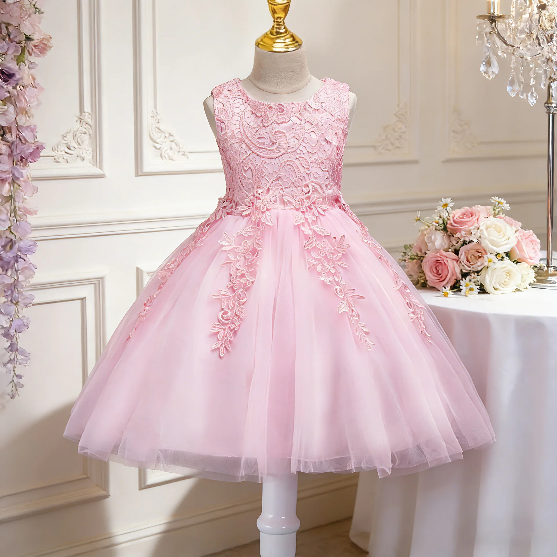 Girls Dress Children's Mesh Medium Older Princess Wedding Flower Girl