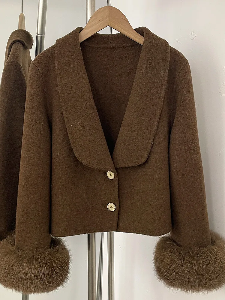 ZMEENNA 여성용 우아한 짧은 울 혼합 재킷 코트 고급스러운 모피 트림 커프스 따뜻한 겨울 아웃웨어 퍼플 ZM4559