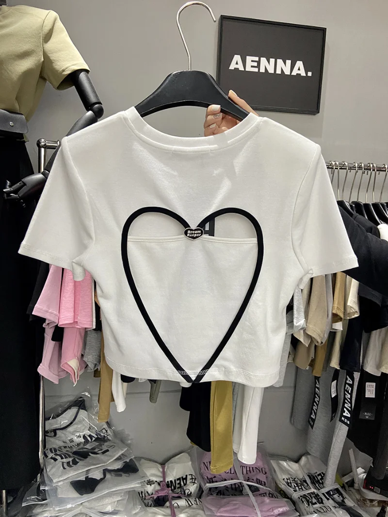 Neploe 2024 Summer New Short Letter Backless Tops Korea Love Hollow Shoulder Pad T-shirts Short Sleeve O Neck Kawaii Clothes