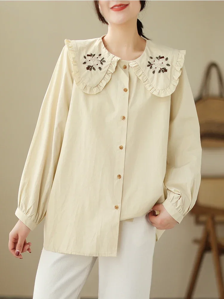 2023 New Spring Fashion Sweet Style Embroidery Floral Shirts For Women Lantern Sleeved Doll Neck Loose Vintage Blouse Female Top