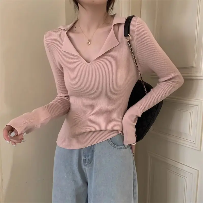 

Solid Color Temperament V-Neck Knitted Sweater For Women, 2024 Autumn New Collection, Gentle Inner Layer Base Sweater