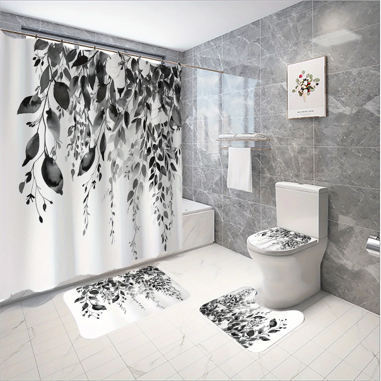 4pc Minimalist Leaf Shadow Pattern Bathroom Set, Shower Curtain, U-Shaped Mat, Non-Slip Mat, Toilet Seat Cover
