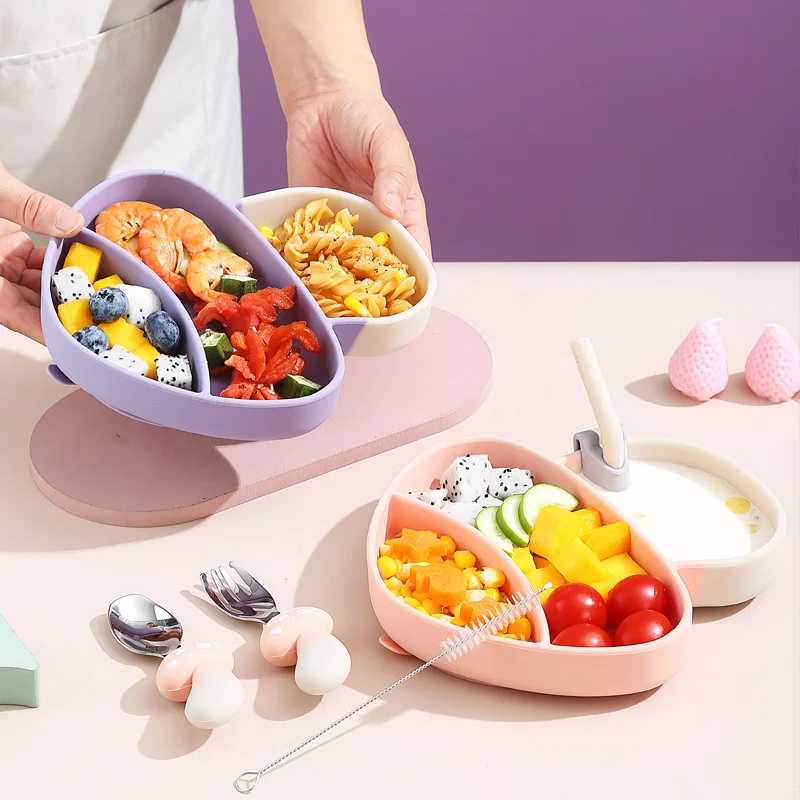 Suction cup mushroom children's silicone plate food grade division cell integrated baby complementary food tableware set