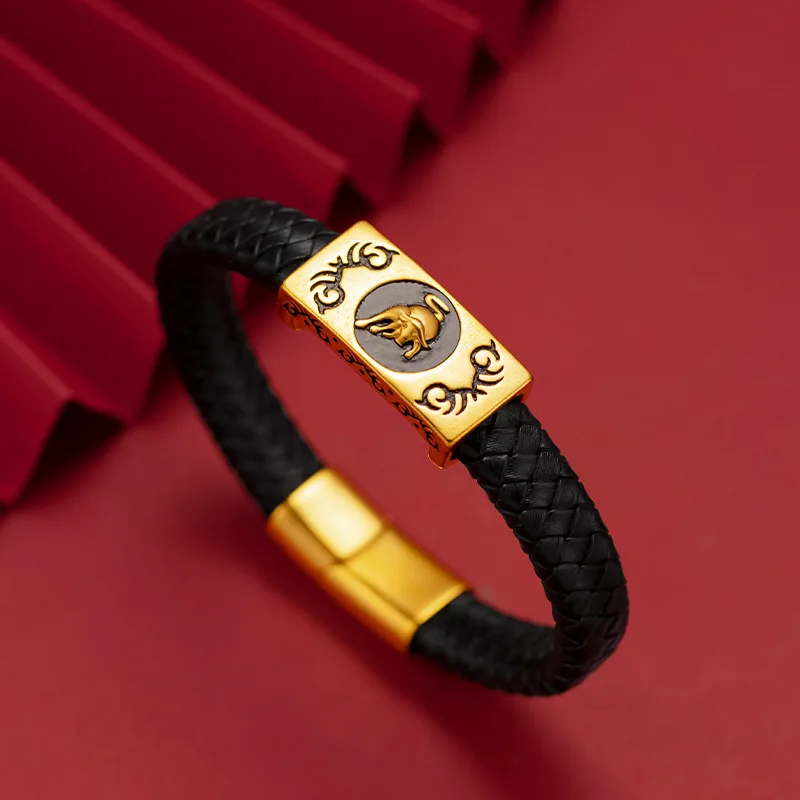 KISS&FLOWER BR279 Fine Jewelry Wholesale Fashion ManFather Party Birthday Wedding Gift Horse OX 24KT Gold Leather BraceletBangle
