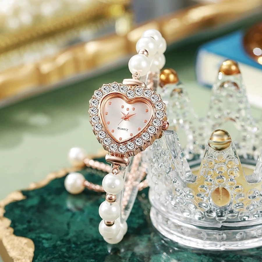 

New Fashion Women Luxury Heart Pearl Bracelet Watches Ladies Stainless Steel Wrist Quartz Watch For Gifts Relogio Feminino Clock