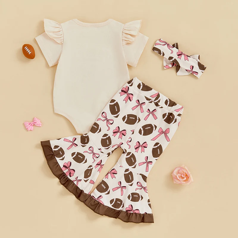 

Adorable Baby Girl Summer Ensemble with Rugby Print Romper Flare Pants and Matching Headband - 3-Piece Set for a Stylish Look