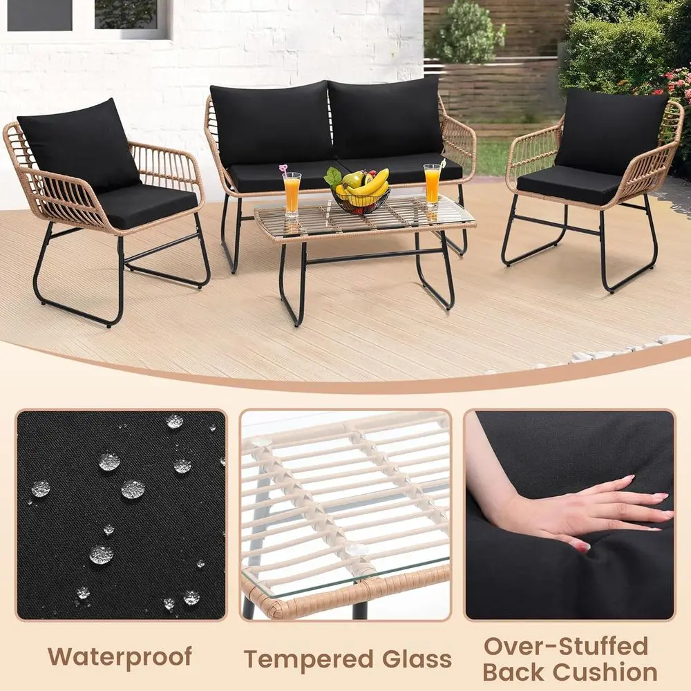 ชุดบิสโทรสำหรับลานบ้าน 4 ชิ้น ทนทานทุกสภาพอากาศ พร้อมโซฟาหวาย เก้าอี้ 2 ตัว โต๊ะ และเบาะรองนั่งหวายธรรมชาติพร้อมเบาะรองนั่งสีดำ