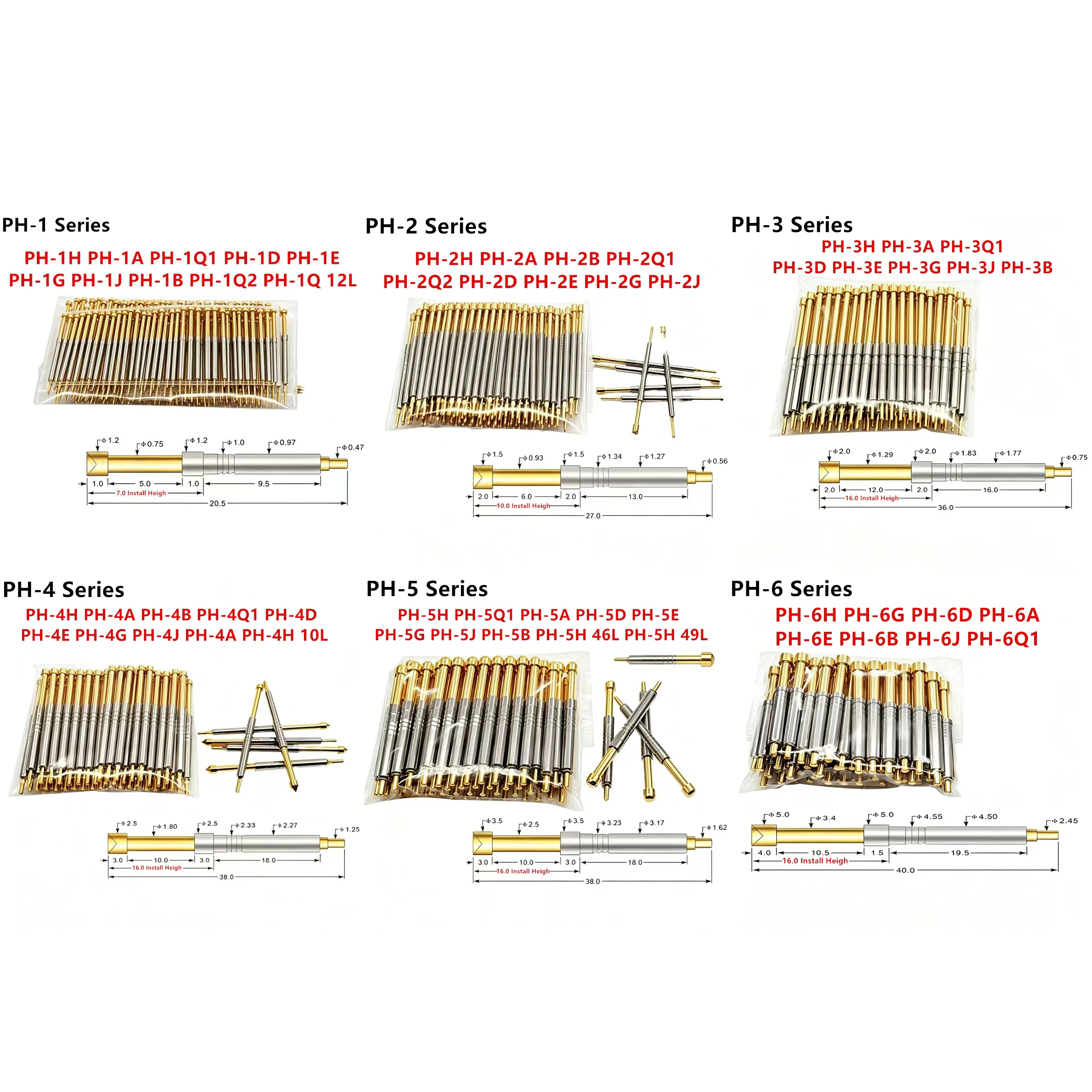 100PCS/Lot Testing Contact Probes Pin PH-1B/1Q1/2A/2H/3A/3H/4A/4B/4D/4G/4H/6A/6D/6G 5A Retractable Spring Test Probe Pogo Pin