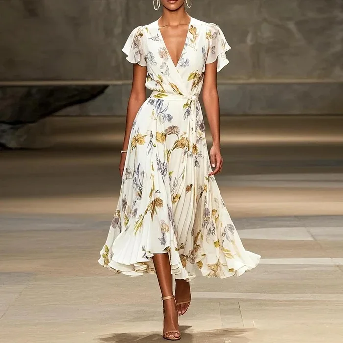 

2026 New Women's Summer Fashion V-neck Short-sleeved Dress European and American Fashion Temperament Printed Skirt