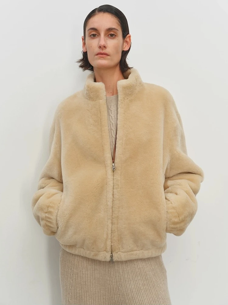 

High-end Luxury Merino Sheep Fur Plush Jackets for Women 2025 New Simple Stand Collar Short Winter Genuine Leather Real Fur Coat
