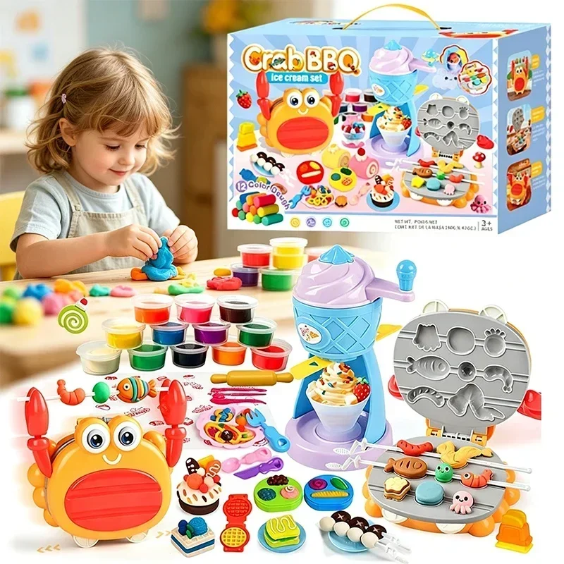 2 in 1 Crab Barbecue Grill Ice Cream Machine Clay Set 35Pcs Clay Kitchen Food Molds Play Dough Tools Accessories Gift for Kids
