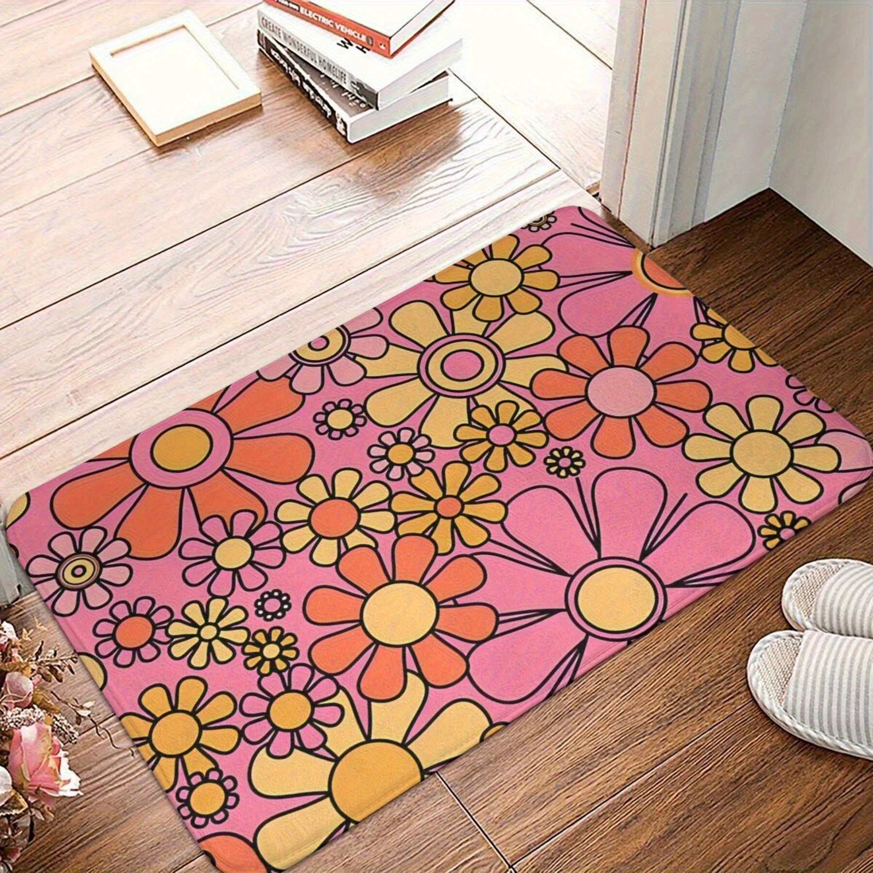 حصيرة مطبخ بتصميم زهور ريترو من الستينيات والسبعينيات - قابلة للغسل في الغسالة، مستطيلة، مصنوعة آليًا، بوليستر خفيف الوزن #1