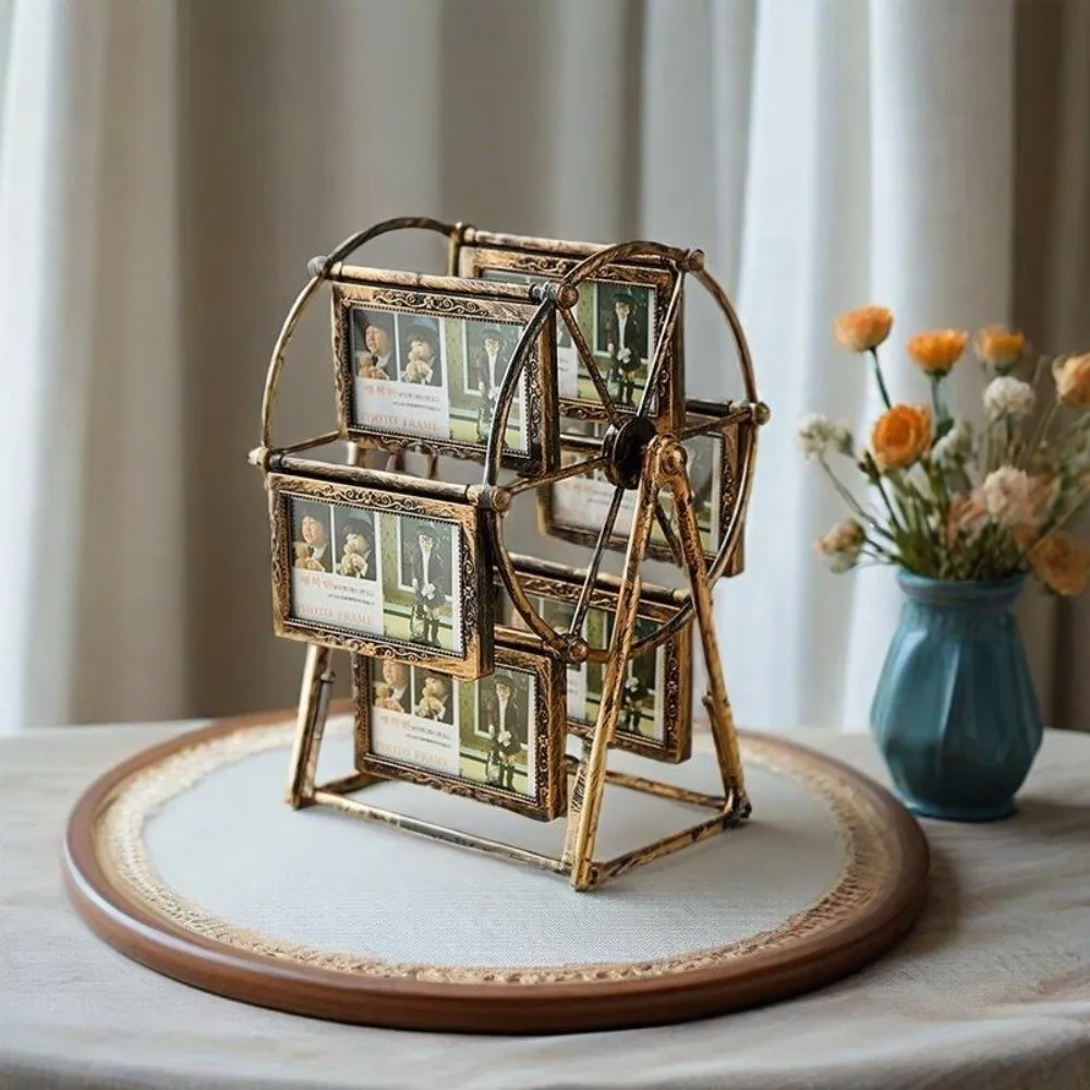 Vintage Ferris Wheel Photo Frame 360° Spin Changeable Photo Display Shelf 12 Picture Slots Windmill Photo Frame Birthday Gift