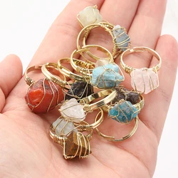 Natural Stone Irregular Gemstone Mineral Ring 10-20mm Amethyst Rose Quartz Gemstone Jewellery Adjustable Hand-Woven Ring