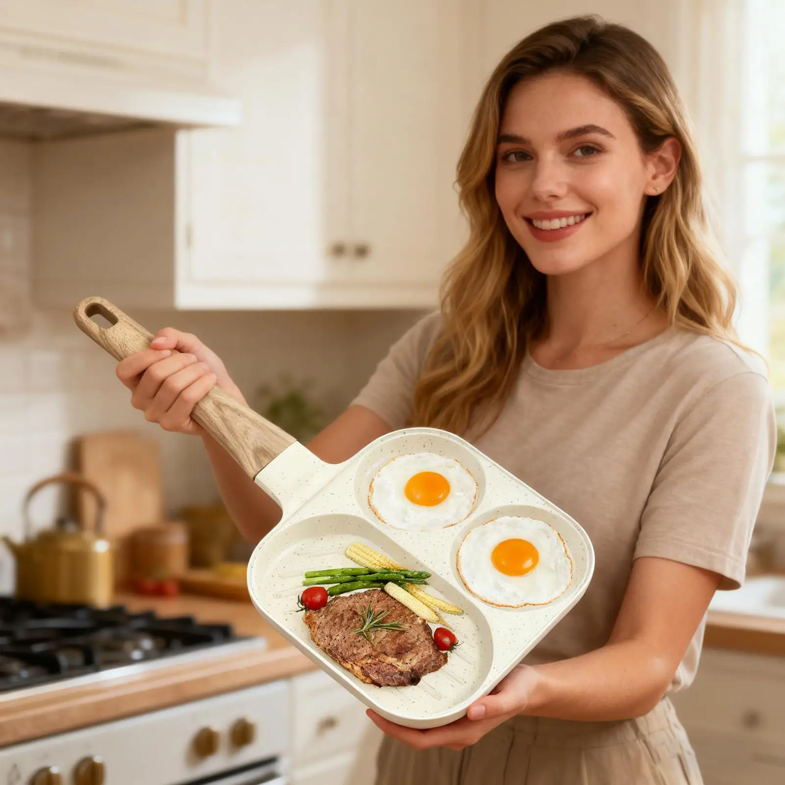 

Сковорода для завтрака, сковорода для жареных яиц, сковорода с антипригарным покрытием, 3-секционная плита для индукционной электрической плиты, домашняя кухня, барбекю, гриль, ресторан