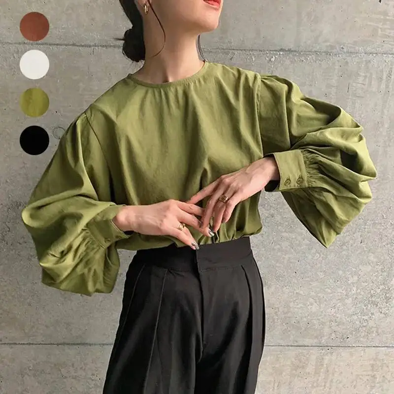 

Japan Rakuten Autumn Round Neck Shirt Women's Korean Style Lantern Sleeve Back Split Pure Cotton Blouse