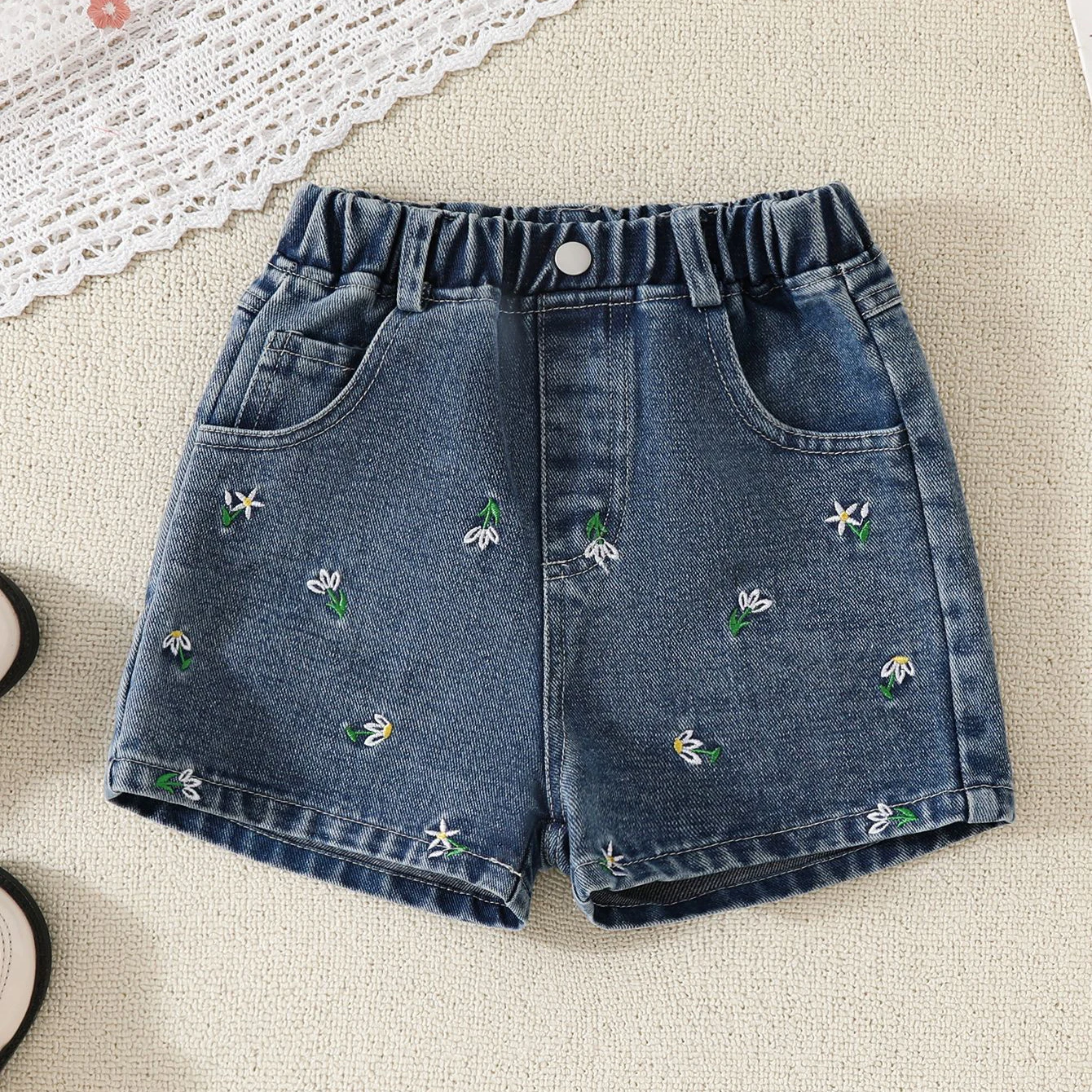 2pcs Girls Denim Shorts Sets Solid Flying Sleeve Beading Pullover T-shirt+Embroidery High Waist Denim Shorts 3-6Y Children Suits