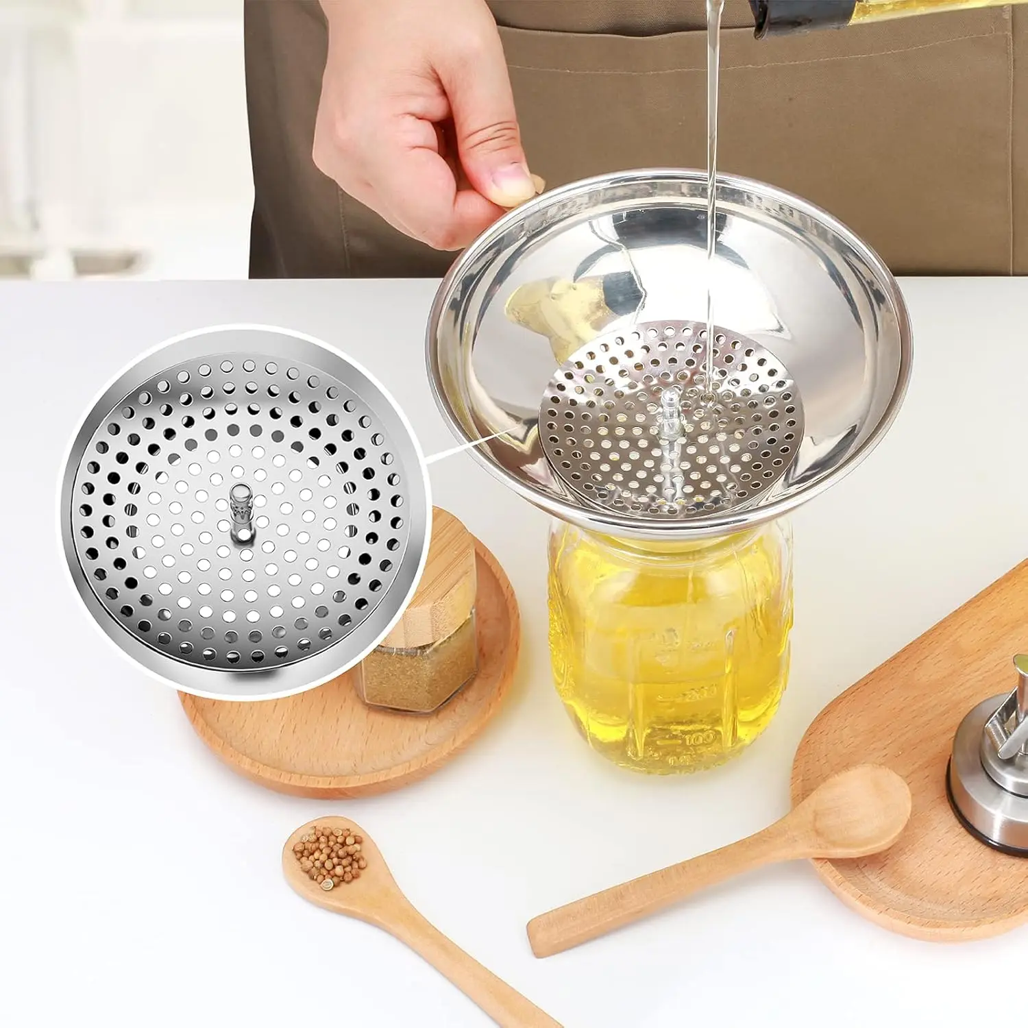 Stainless Steel Wide Mouth Funnel with Handle Kitchen Use Funnels and Strainer for Filling Jam Salad Bottles Kitchen Accessories