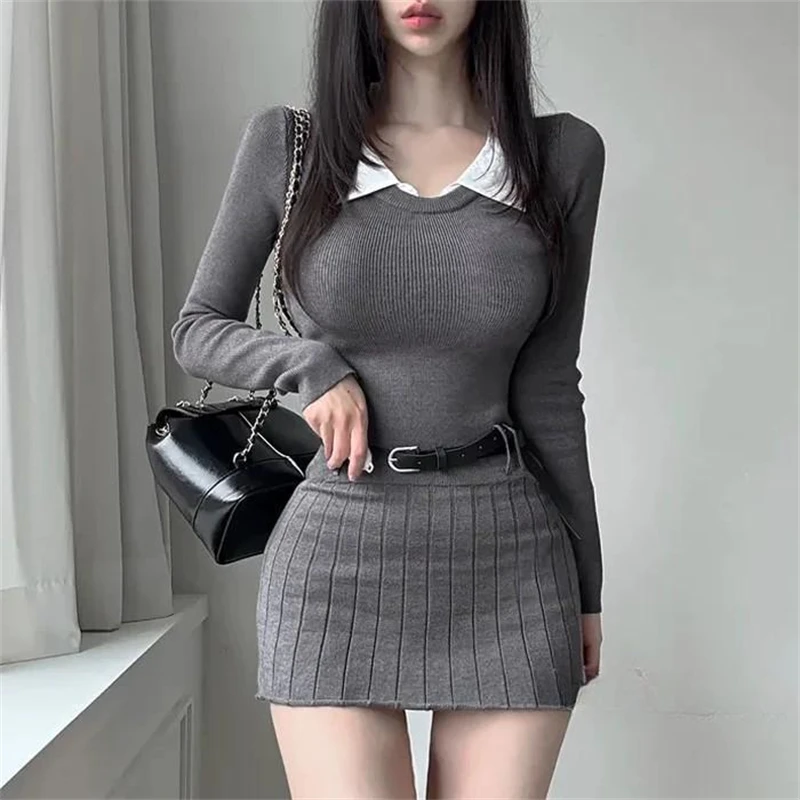 Korean Style Slim Fit Knitted Dress  Collar Long Sleeve Wrap Body Short Skirt Breathable Skin-Friendly Polyester Fiber