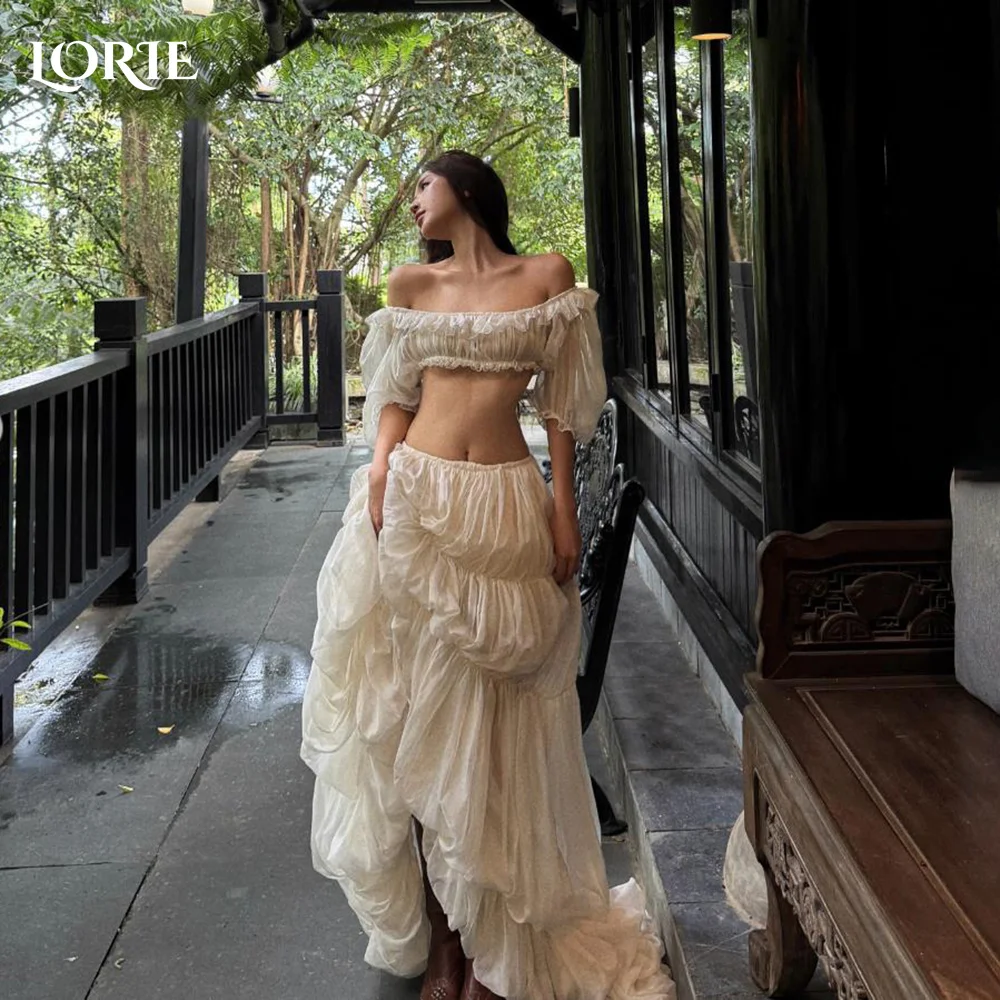 LORIE Vintage Puff Wedding Dresses Off Shoulder Two Pieces A-Line Ivory Bridal Gown Short Sleeve Princess Bride Dress Customized