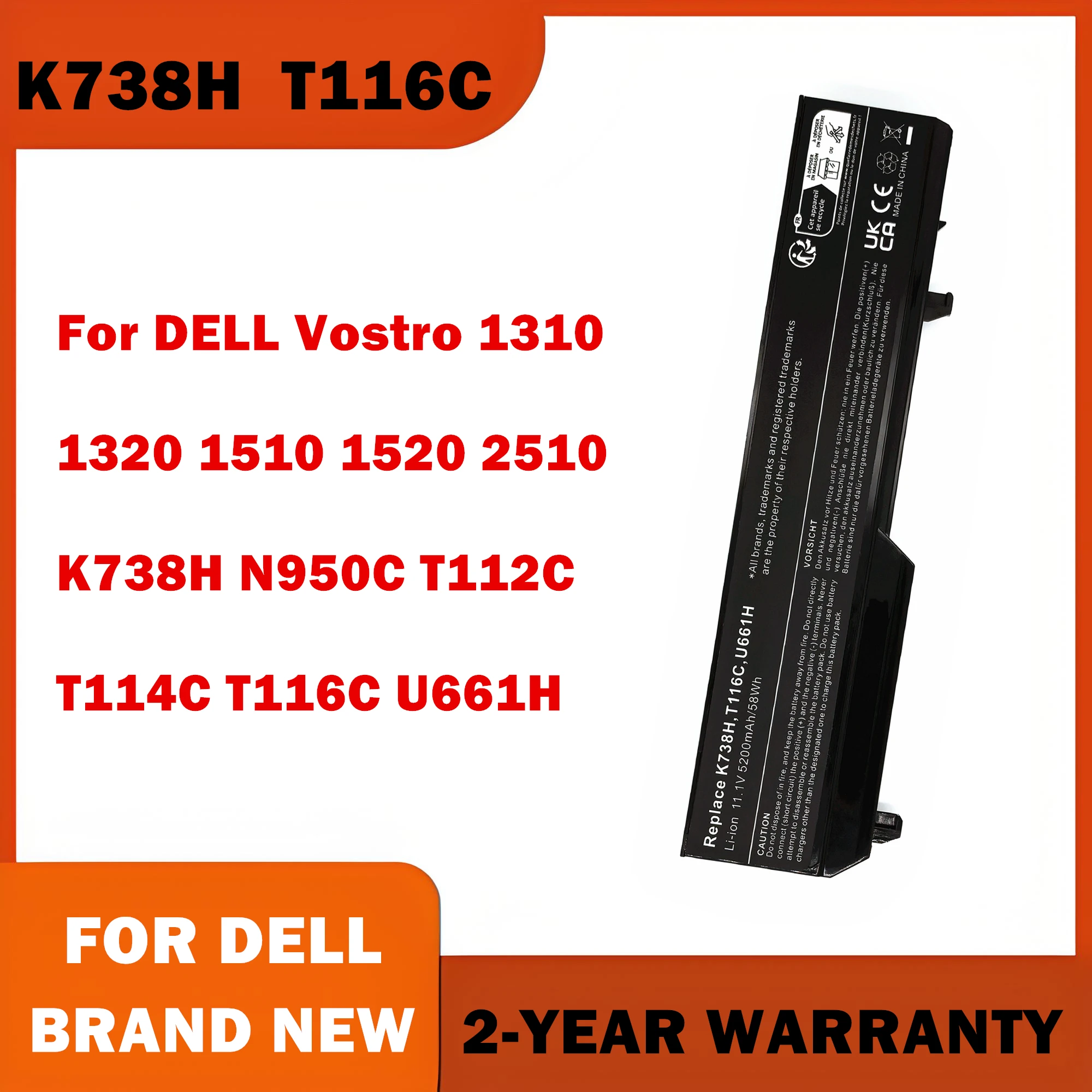 Laptop Battery For DELL Vostro 1310 1320 1510 1520 2510 K738H  N950C T112C T114C T116C U661H