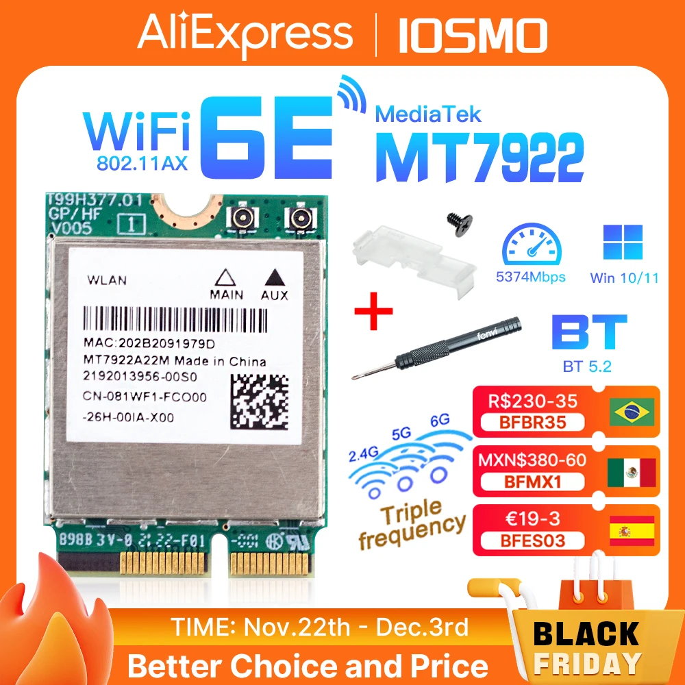 WiFi 6E MT7922 Wireless 5374Mbps Network Card Bluetooth 5.2 Tri-Band 802.11AX/AC M.2 NGFF Media Wireless Adapter for Win 10/11