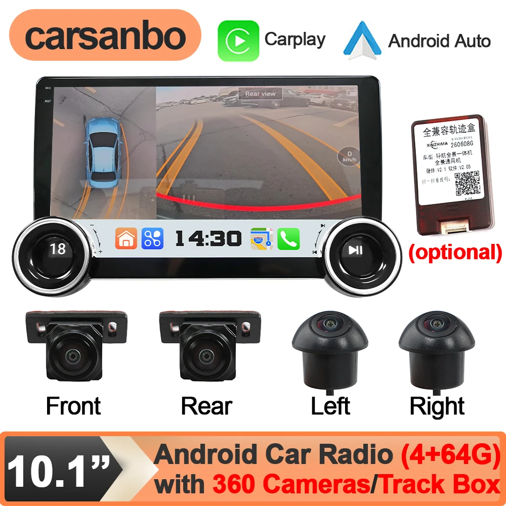 Carsanbo 10.1 Inch Dual Knobs Android 16 Car Radio CarPlay Auto BT Multimedia Player WiFi GPS DVR with 360° Panoramic Camera WDR