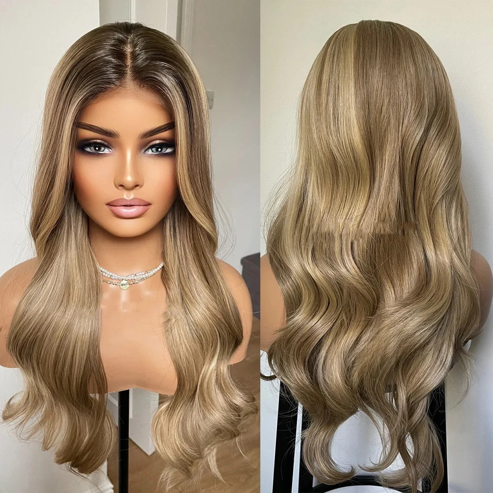 

Ash Blonde Highlights Wig Dark Roots Lace Front Wig Natural Realistic Soft Synthetic Lace Wigs For Women Gift Her Easy Wear Wigs