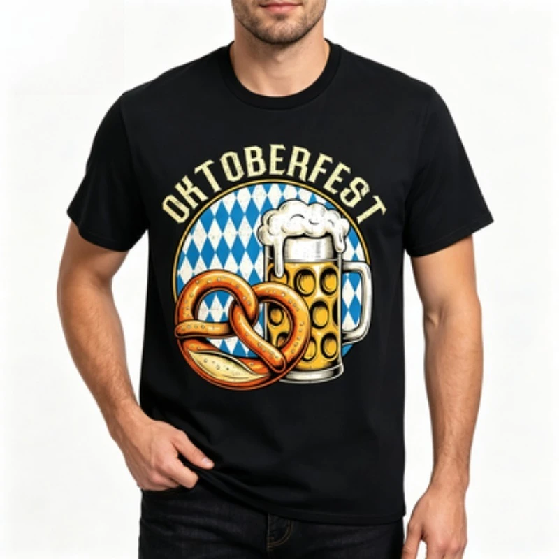 Male Tee Retro Distressed Oktoberfest Beer and Pretzel Bavaria Pattern Design German Beer Festival Casual Holiday Crew Neck Top