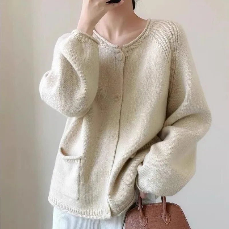 Blue Knitted Cardigan Sweater Coat Women\'s Autumn New Soft Glutinous Knitwear Jackets Chic Double Pocket O-neck Knitted Coat