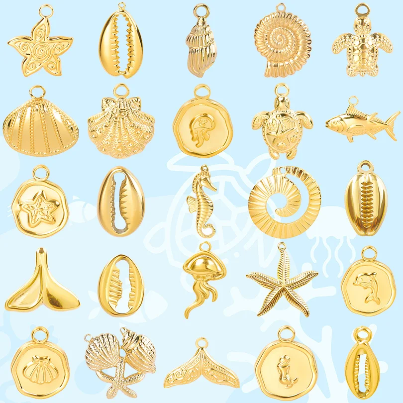 6PCS/lot Golden Starfish Shell Sea Turtle Marine Animals Charms For DIY Jewelry Making Supplies Stainless Steel Charm Pendants