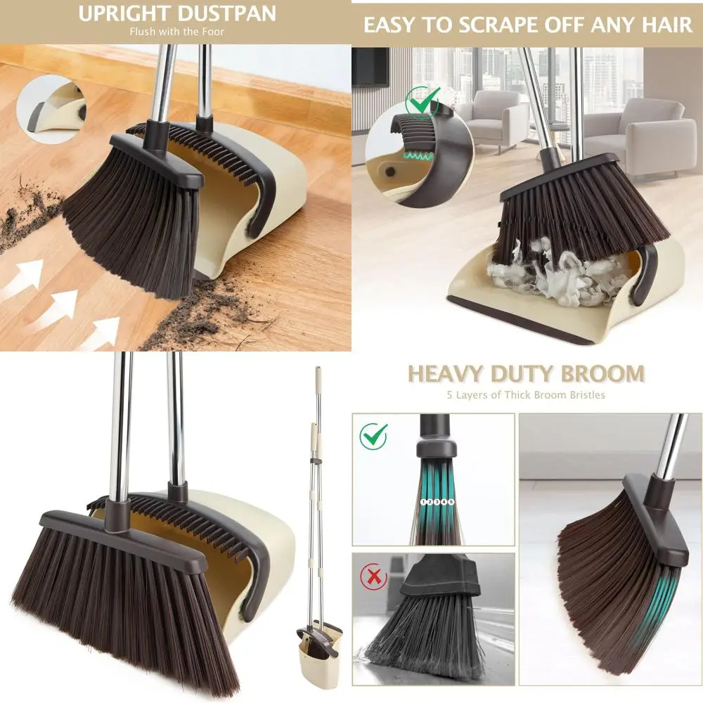 

Long-Handled Broom and Dustpan Set for Home, Kitchen, Office - Heavy Duty with Pet Hair Removal (Beige)