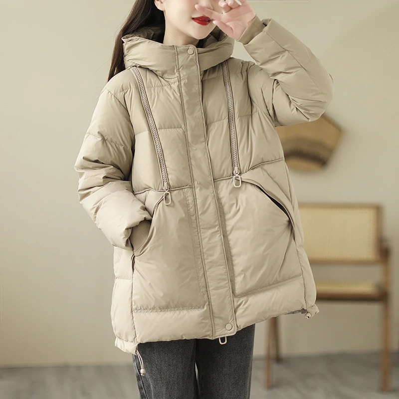 Women's Down Jacket Winter New Outerwears Simple Casual Solid Zipper Puffer Coats Thick Loose Warm Hooded Mid-length Down Parka