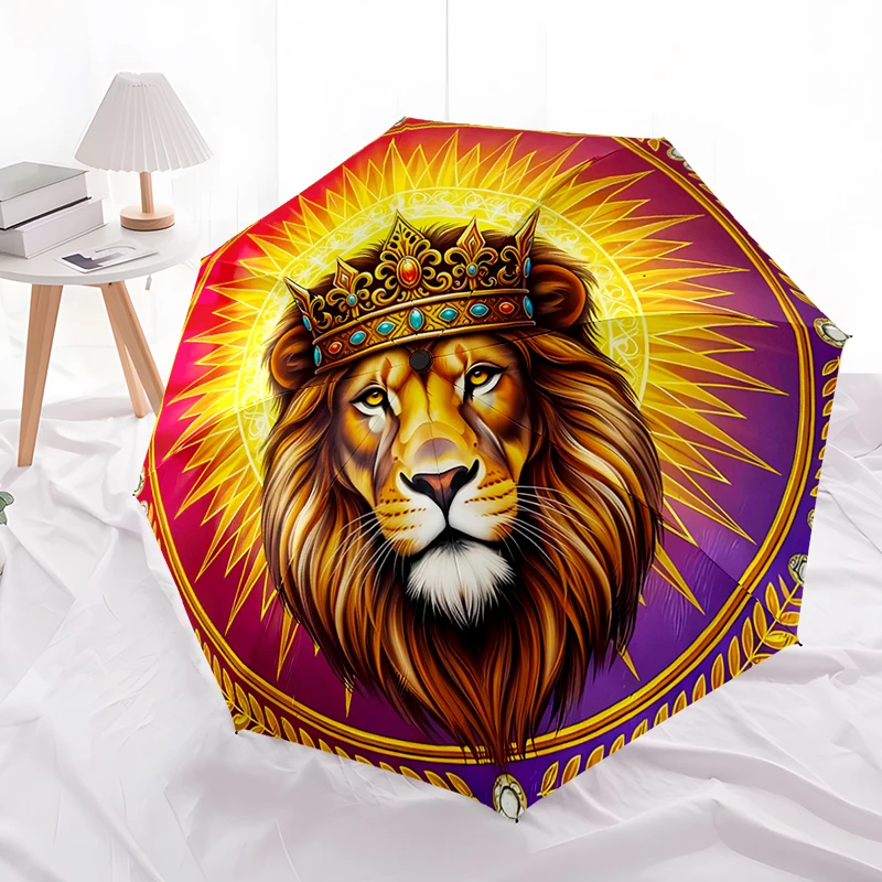 Lion Theme Design Folding Umbrella - Fashionable Auto-Open Design 8 Iron Ribs Plastic Handle Foldable Sunshade，Perfect Gifts
