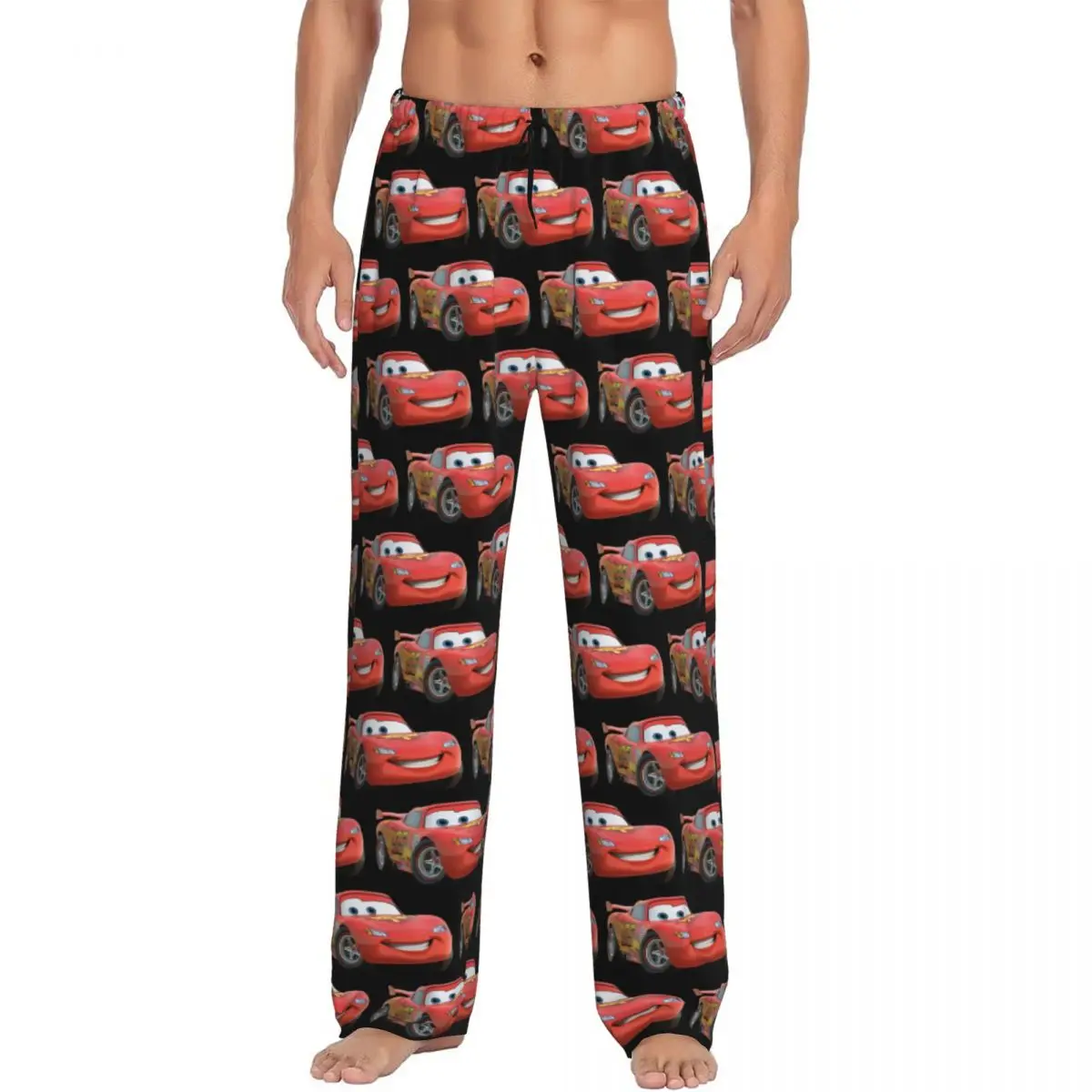 Custom Lightning Mcqueen Cartoon Cars Red Pajama Pants Sleepwear for Men Elastic Waistband Sleep Lounge Bottoms with Pockets