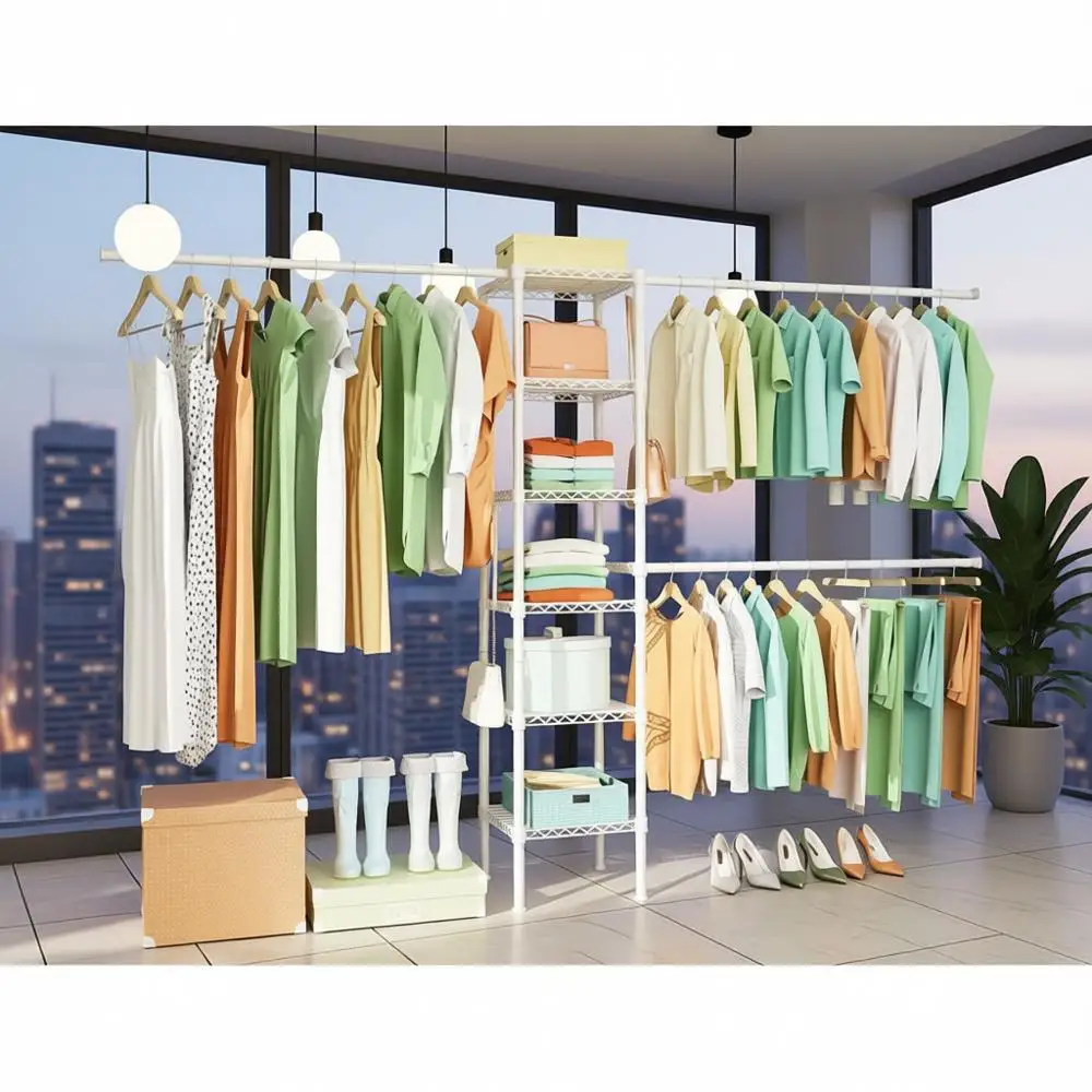 6-Tier Heavy Duty Metal Closet Storage Organizer System with Expandable Hangers, Wall-Mounted Space Saver for 5.4-8.7 ft Width,