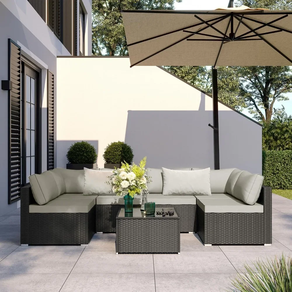 

7 Pieces Patio Furniture Set, Outdoor Sectional Wicker Rattan Furniture with Cushion and Glass Table, Patio Conversation Sets