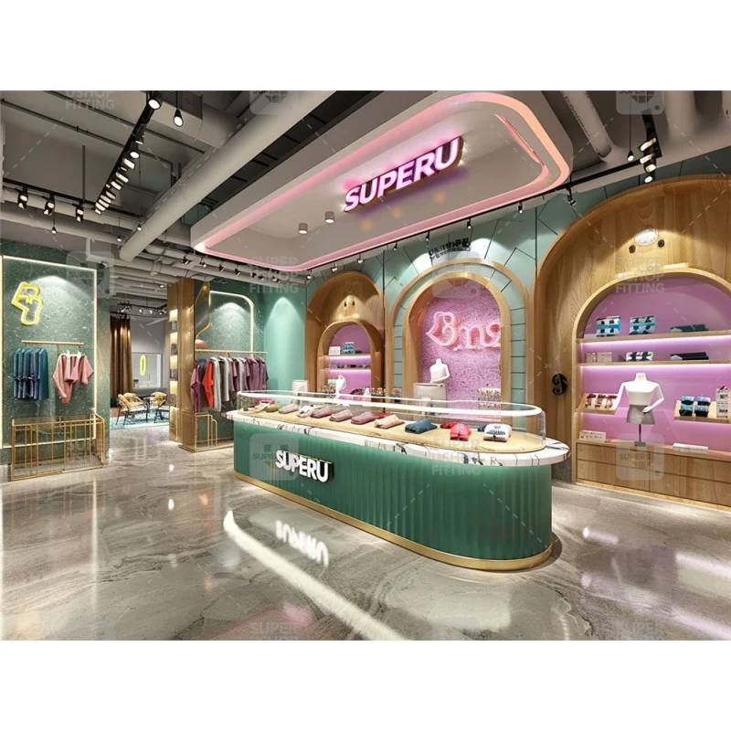 (customized)Fashion Garment Boutique Furniture Women Suit Clothes Shop Counter Decoration Wooden Clothing Store Display Interior