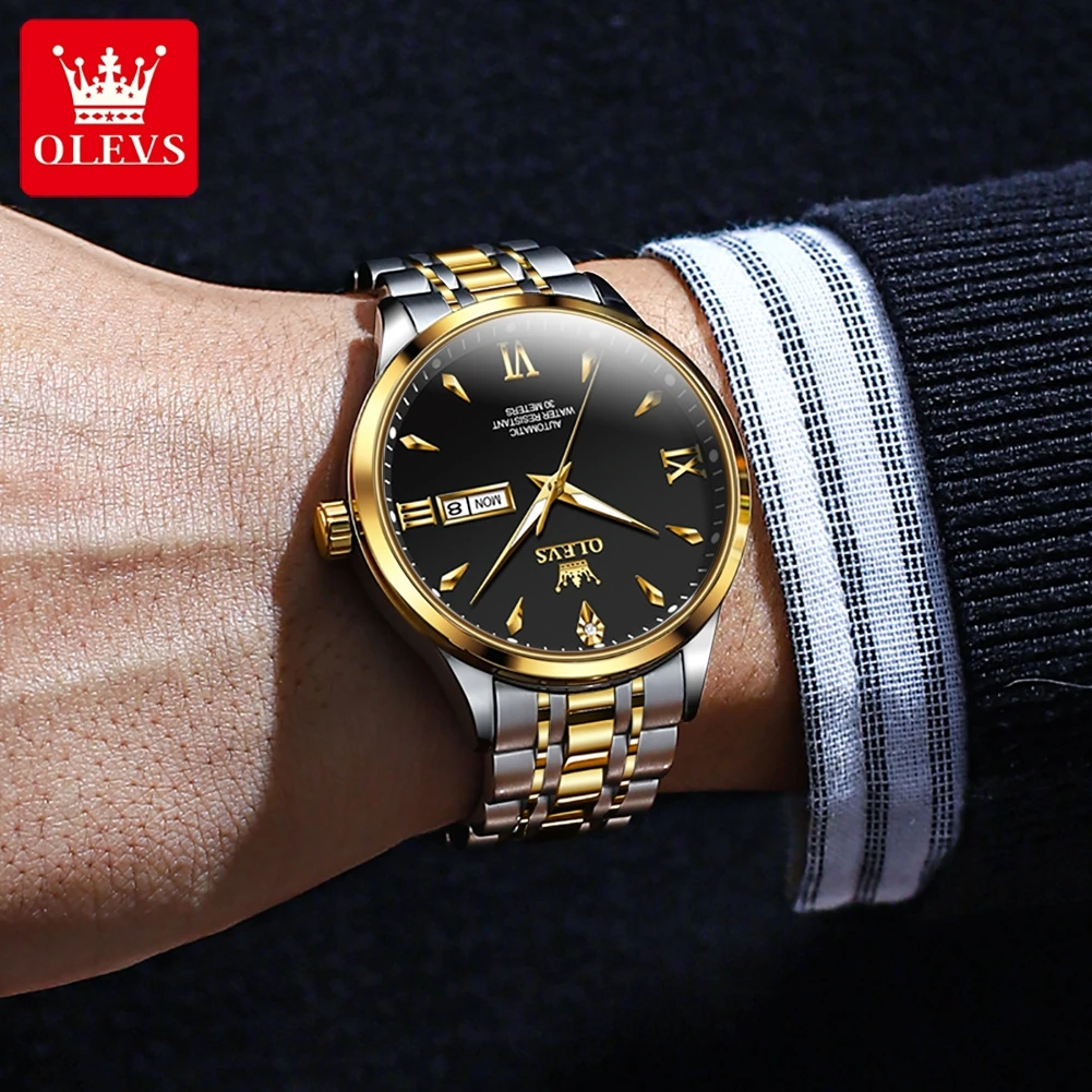 OLEVS 9956 ساعة رجالي فاخرة مضيئة وظيفة ساعة ميكانيكية أوتوماتيكية 30 متر مقاوم للماء خط الفن أسبوع تاريخ الساعات للرجل هدية #6