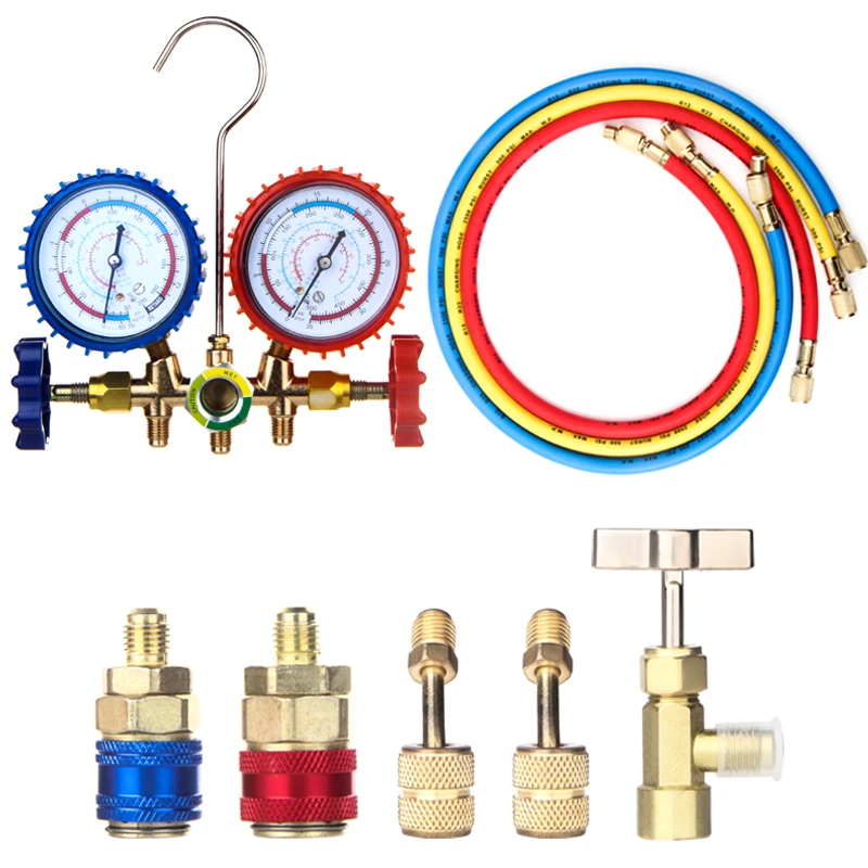 New Air Conditioning Pressure Gauge with Hose and Hook 3 Way AC Diagnostic Manifold Gauge Set for Freon For R12 R22 R404A R134a