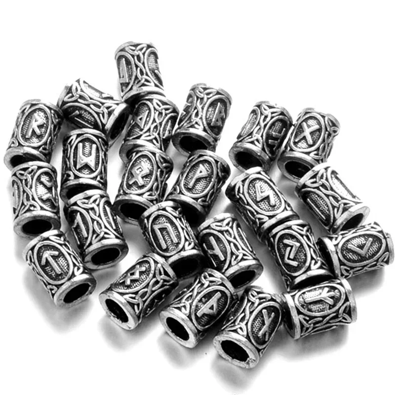 1Pcs Futhark Viking Rune Beads For DIY Bracelet Jewelry Making Accessories TIWAZ TYR Sol Beard Hair Charm Metal Tube Loose Bead