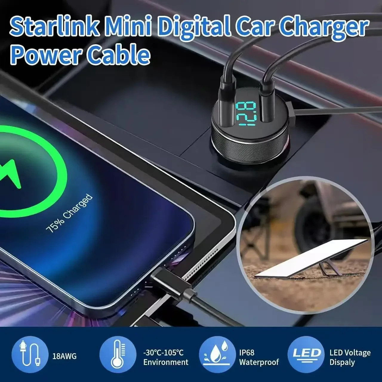 für Starlink Mini 3-in-1 Autoladegerät und DC-Stromkabel mit Zigarettenanzünderadapter, 12V-24V Digitalanzeige Autoadapter – Detail 5