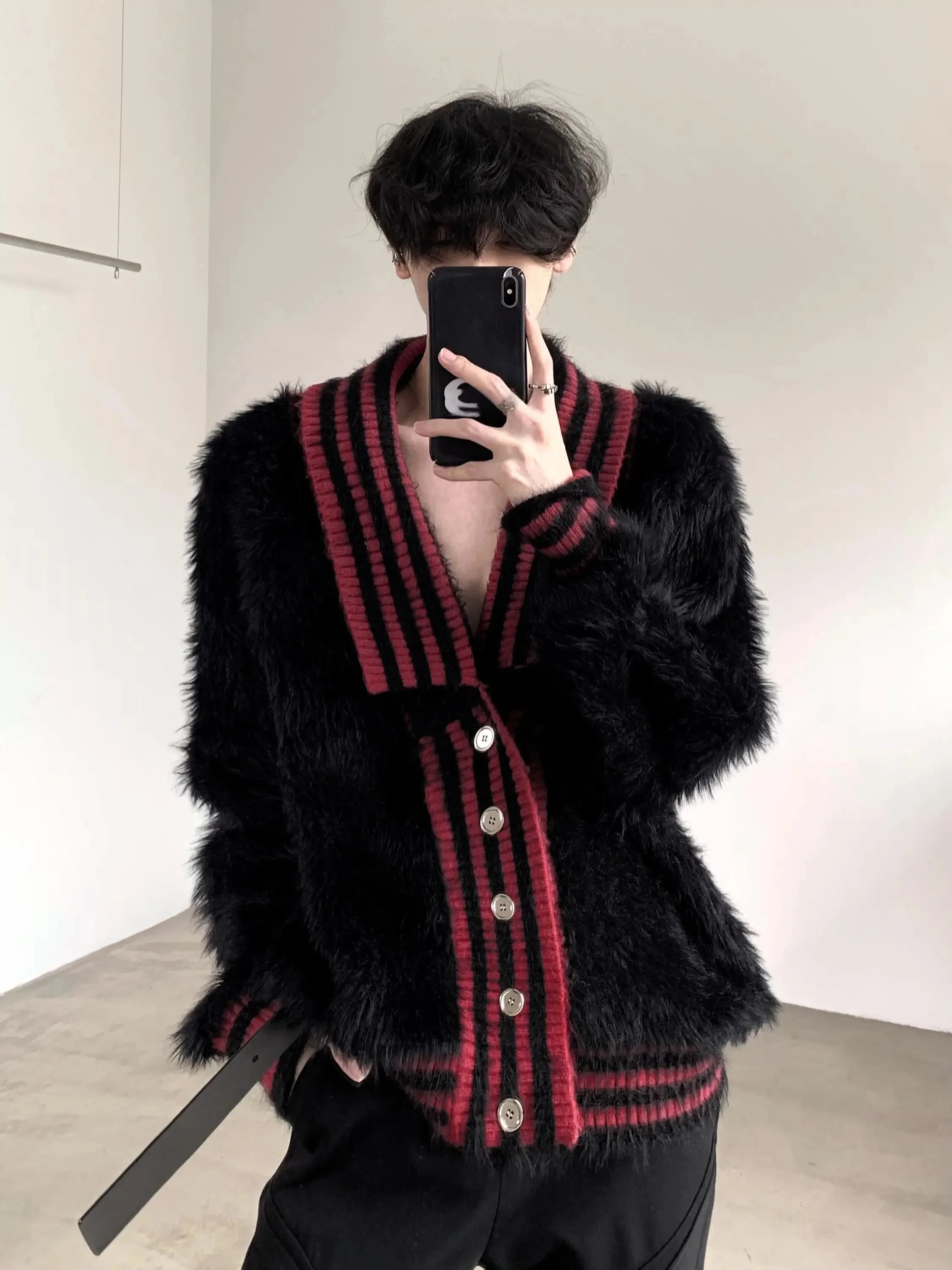 Autumn Mountain Style Men's Knitted Sweater Large V-neck Fake  Fur Jacket Casual Loose Fit Fashionable Urban Winter Outerwear