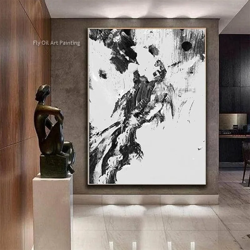 Hand Made Home Wall Decor Items Artwork Simple New Black And White Abstract Oil Painting Decor For Living Room Knife Thick Art